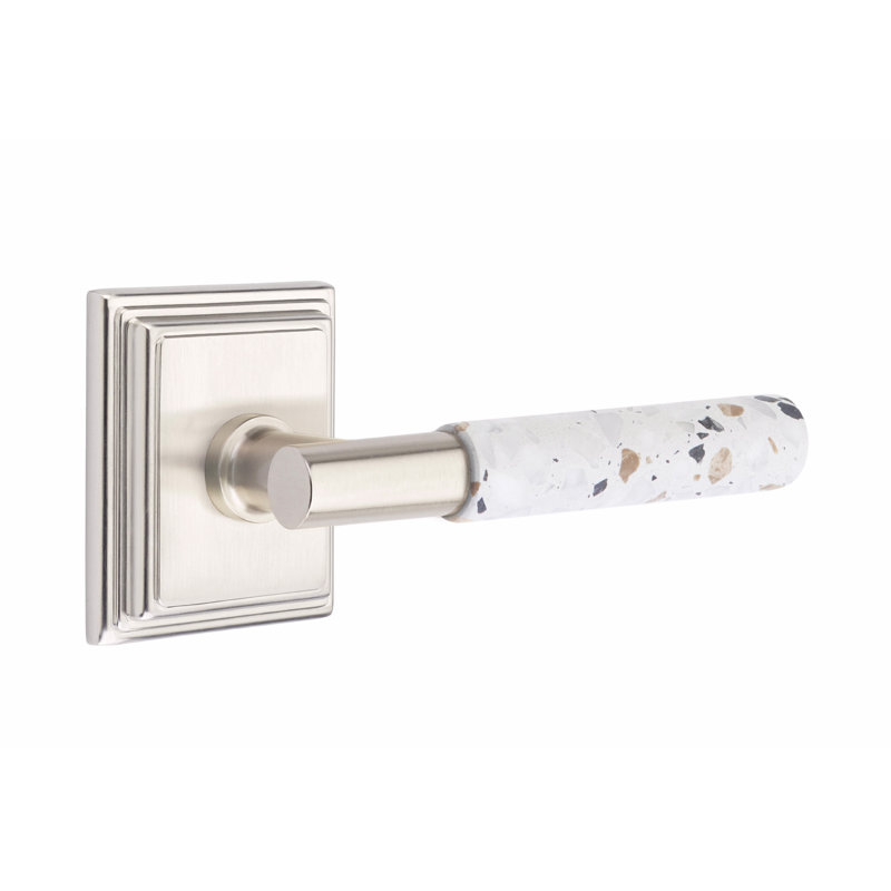 Select Round Passage (Hall & Closet) Door Lever with Square Rosette, Universal/Reversible, Satin Nickel/Light Terrazzo