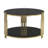Stylish Modern Coffee Table with Asymmetrical Metal Structure, Circular Drum Base, and Lower Shelf for Enhanced Decor and Functionality.-362247087
