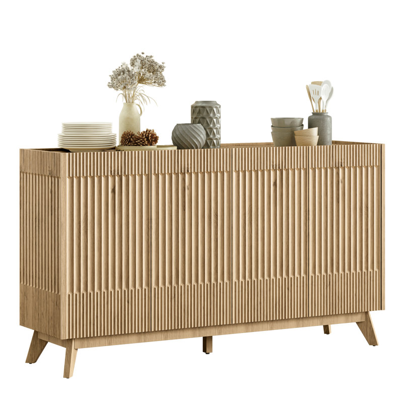65" Fluted Sideboard Buffet Cabinet with Adjustable Shelves and Solid Wood Legs, Natural Oak