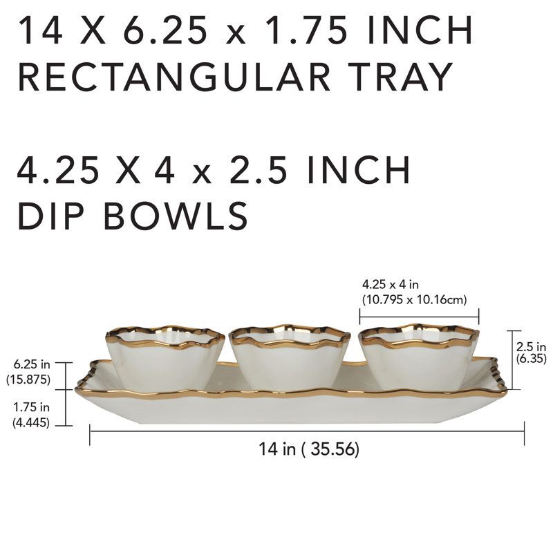 Regency Gold Ceramic Tray with Condiment Bowls, 4-Piece Set