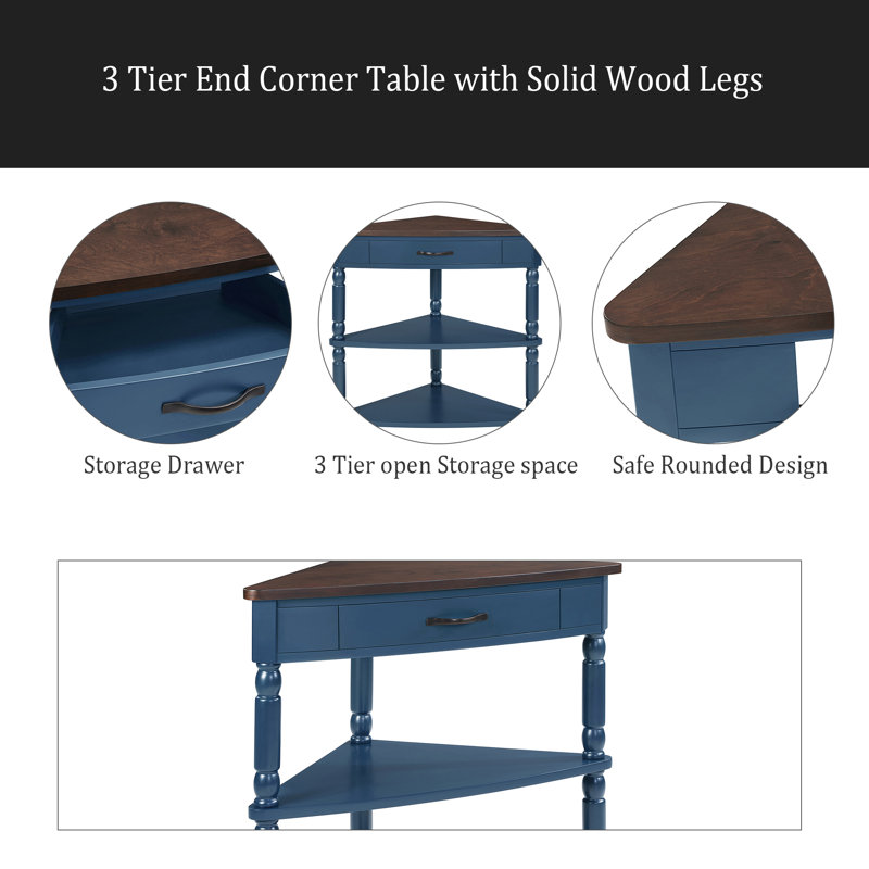 Petite table de coin triangulaire 33,8 po, table de coin en bois pour petits espaces / salon, table de bout à 3 niveaux avec pieds en bois massif