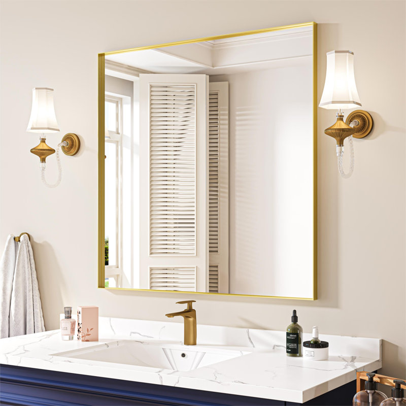 Metal Rectangle Mirror with Aluminum Frame, Bathroom Mirror with Resistant Glass, 36" x 36", Gold