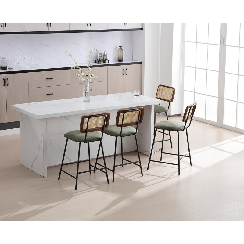 Dark Green Metal and Rattan Counter Height Bar Stools Set