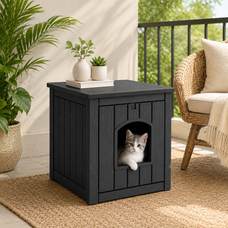 Cat Litter Box Enclosure With Flip-Down Front Door, Hidden Cat Box Cabinet & Side Table, Weatherproof Resin Cat House, Black