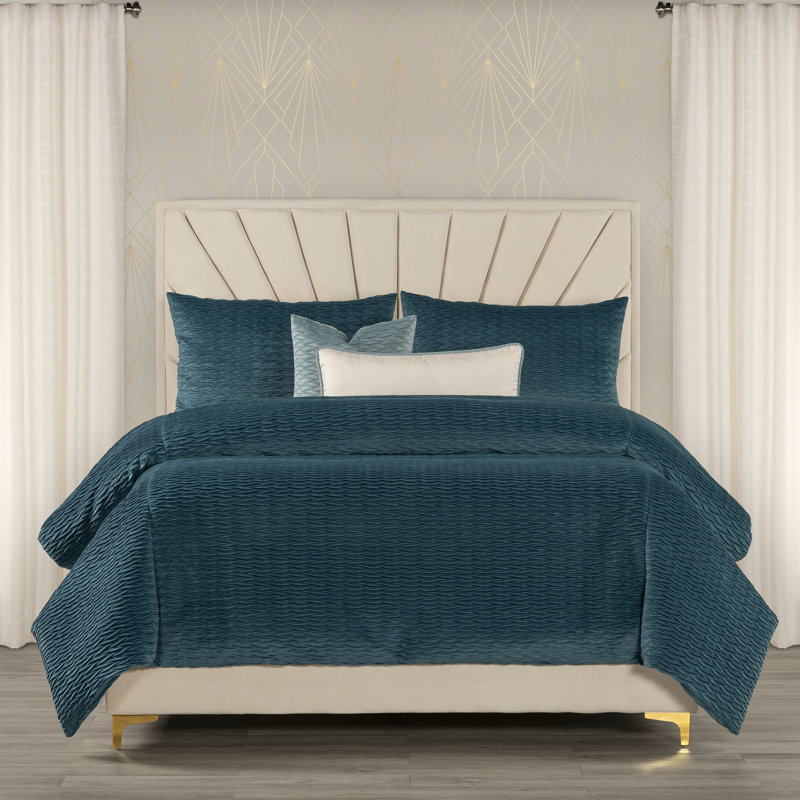 Pleated Velvet Wave Duvet Cover & Insert Set, Cal.King Duvet Cover & Insert +5 Additional Pieces, Navy