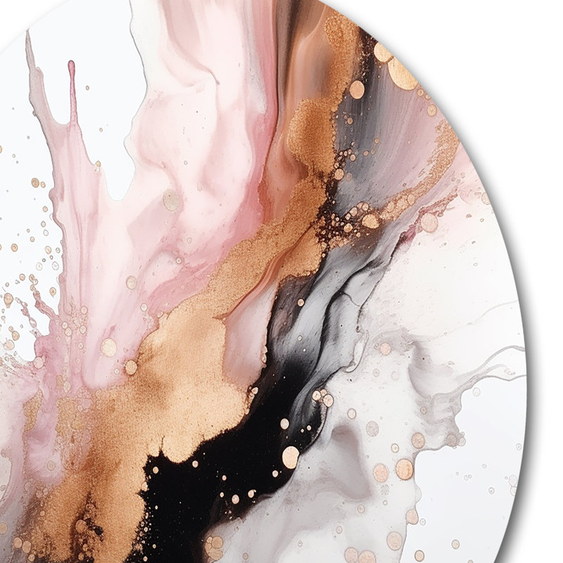 «Pink Gold Splash Marble I», art mural rond en marbre abstrait sur métal, H 23 po x l 23 po x P 1 po