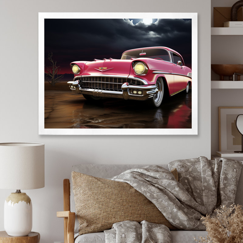 Conception élégante d'une voiture rétro rouge des années 1950 I sur toile, H 12 po x l 20 po x P 1 po, Cadre simple blanc