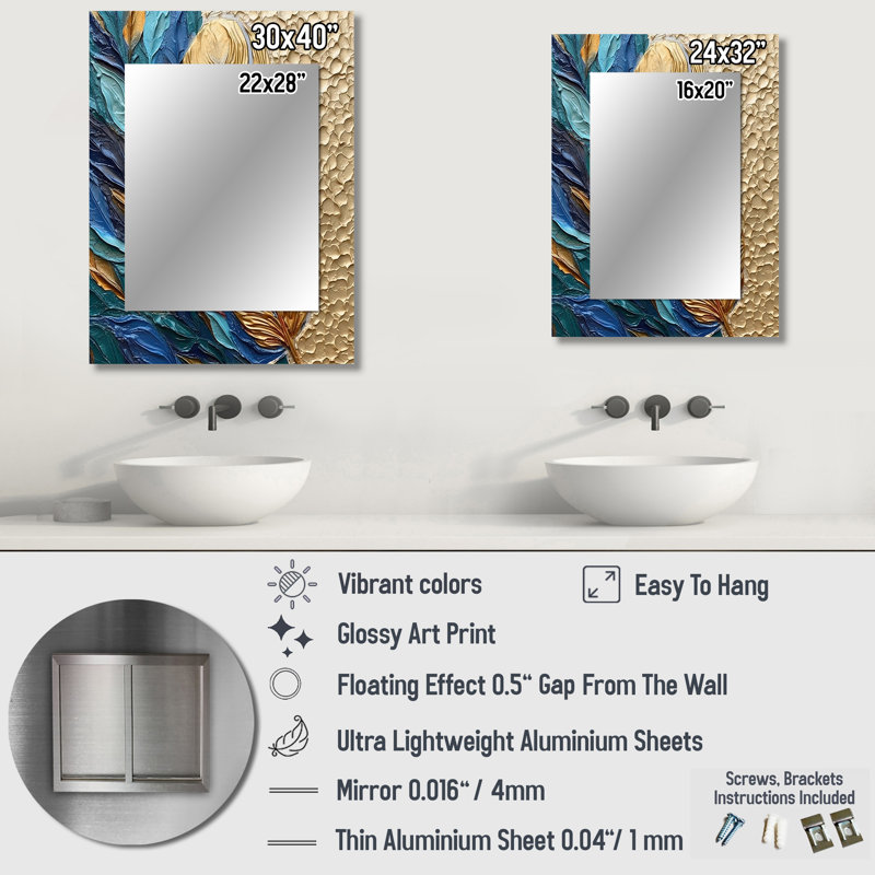 Boho Glam exquis or sur plume bleue, peinture V - miroir mural en plumes, 40 po x 30 po