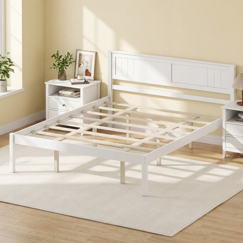 Cadre de lit robuste en bois pour lit simple, double ou queen, avec tête de lit et sommier à lattes, et espace de rangement de 30 cm sous le lit.