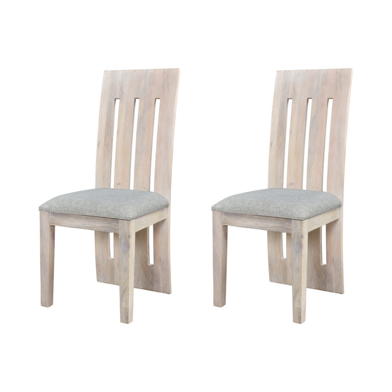 Set of Two Gray and Natural Fabric And Wood Slat Back Dining Side Chairs