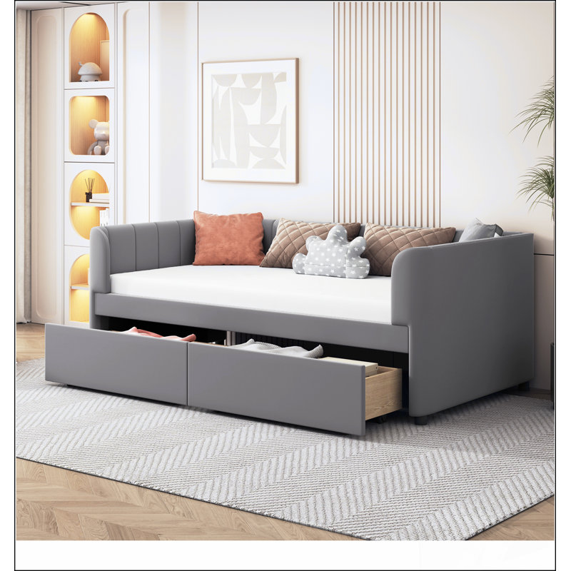 Lit de jour ergonomique rembourré avec deux tiroirs de rangement pour le confort et l'organisation, Gris