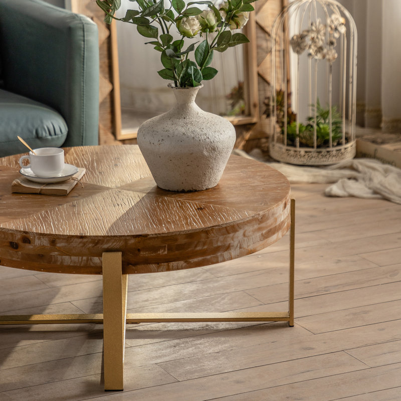 Briyan Round  Coffee Table Fir Wood Table Top with Cross Legs Base,Cocktail Table,Living Room Table, Gold, Natural