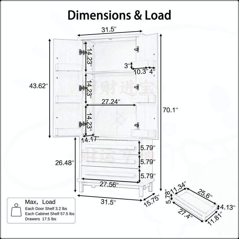 Armoire de cuisine 70 pouces avec 2 tablettes, 6 compartiments de porte et 3 tiroirs pour un rangement organisé et un design élégant