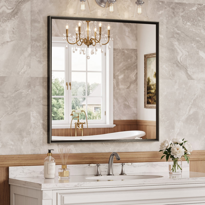 Miroir de salle de bain à bords biseautés, miroir mural en verre trempé avec cadre en aluminium antirouille, pour au-dessus d'un lavabo, dans une chambre ou une entrée.