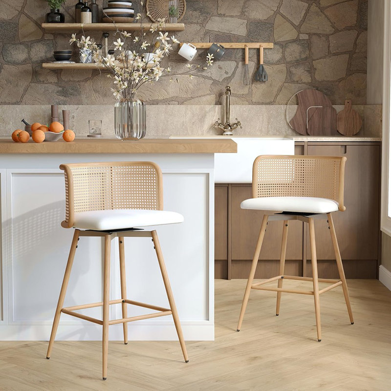 Set Of 2 Mid-Century Modern Swivel Counter Height Bar Stools With Natural Rattan Back And Faux Leather Seat, White