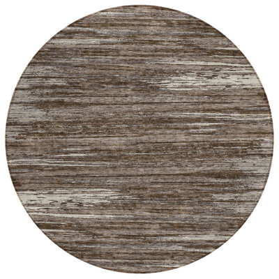 8' Brown And Ivory Round Striped Washable Indoor Outdoor Area Rug