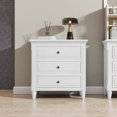 28" Modern White Nightstand with 3 Drawers - Smooth Gliding Rails, Metal Handles & Rubber Wood Legs for Bedroom, Living Room & Office