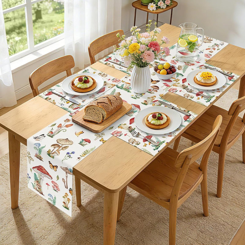 Mushroom & Wildflower Table Runner – Multicolor – Spring & Summer Botanical Design With Butterflies And Green Leaves For Indoor And Outdoor Dining