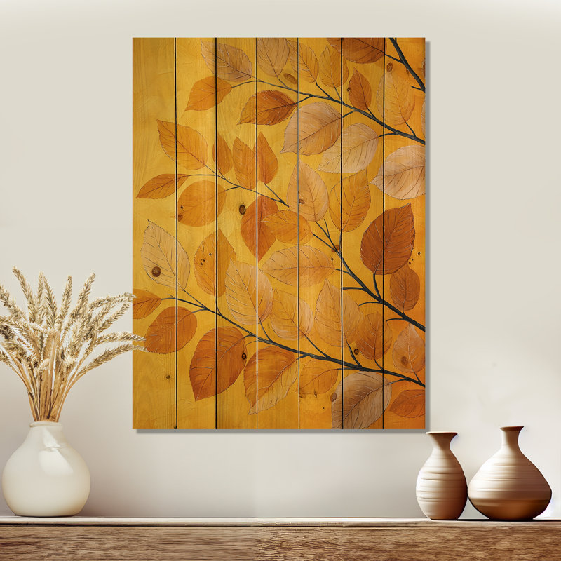 Moutarde feuilles d'automne Embrace III - décoration murale feuilles de bois - sur bois de pin naturel