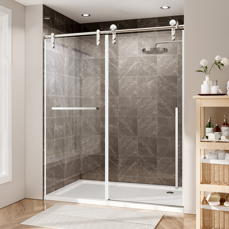 56" - 60" W x 75" H Single Sliding Frameless Shower Door with 5/16" (8mm) Glass with Explosion-Proof Film , Stainless Steel Handle Nickel