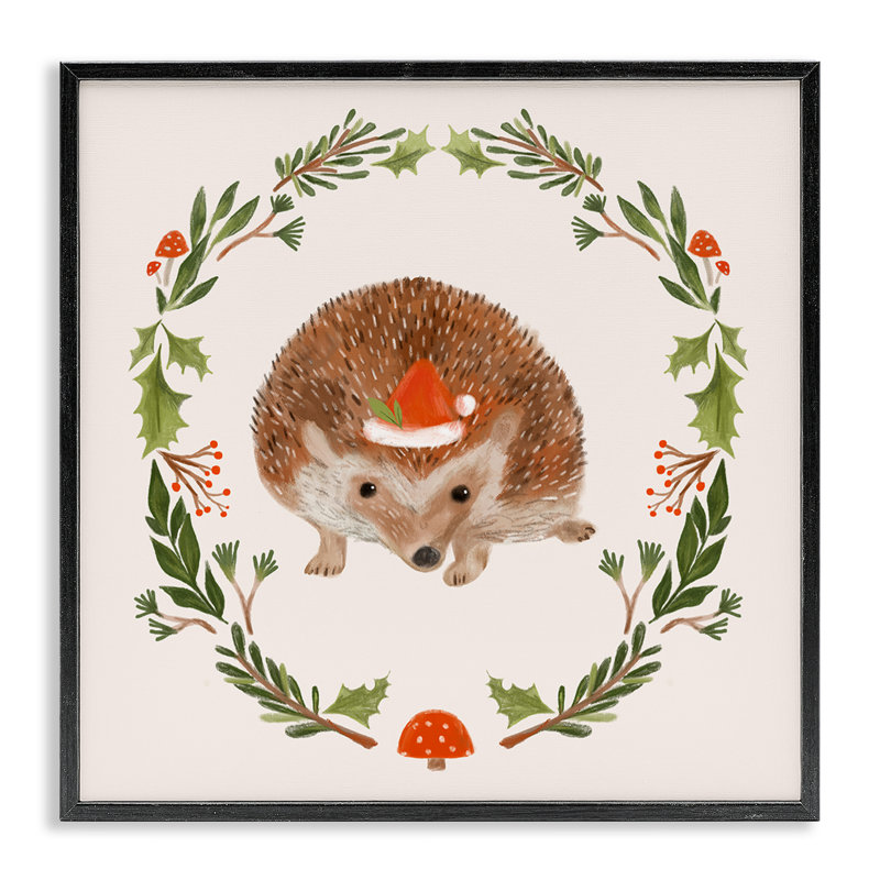 Art mural sur toile Holiday Hedgehog Wreaf par Laura Konyndyk, H 12 po x l 12 po, Giclée encadrée noir minuit
