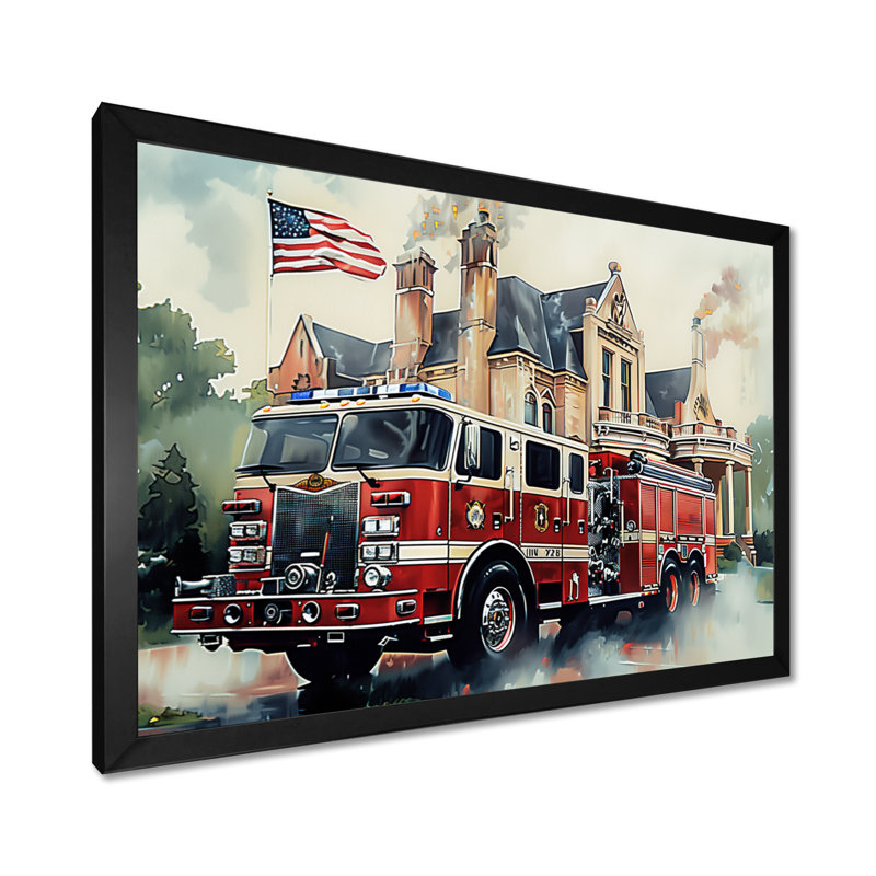 «Fire Truck In The Hamptons I», impression d'art mural pompier, Toile encadrée noire simple, H 30 po x l 40 po x P 1,5 po