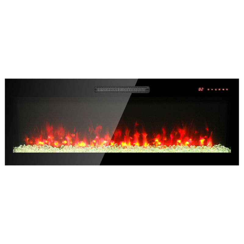 Foyer électrique encastré à façade en verre trempé ultra mince avec télécommande et flamme multicolore et chauffant à lumière DEL