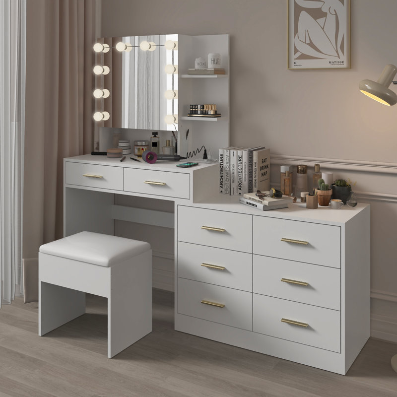 Makeup Vanity Set with Lights, USB & Power Outlet and 8 Drawers, White