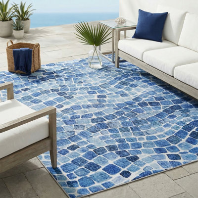 Machine Washable Indoor Outdoor - Mat Rug Foldable Printed Thin Lightweight Cushioned Fade Resistant Patio Deck Dock Porch Pool Balcony Camping - Emery- Blue