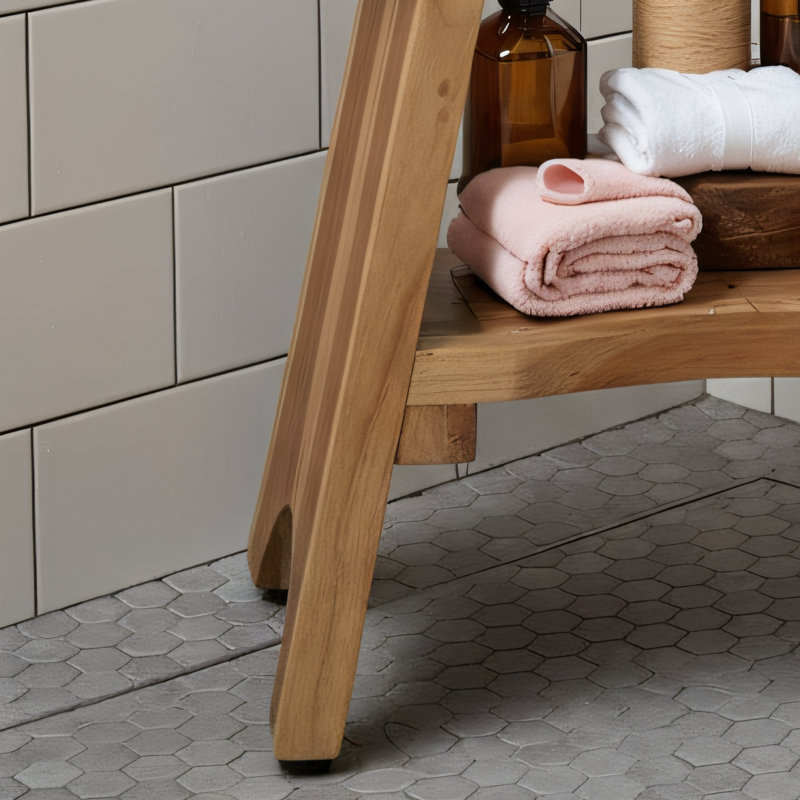 18.1-Inch Teak Shower Stool With Non-Slip Footpad And Shelf. 300 Lbs Weight Capacity. Compact Design Suitable For Small Bathrooms And Walk-In Shower Stalls.
