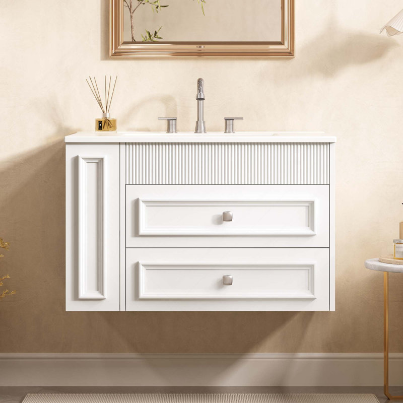 30-Inches Contemporary Wall Mounted Bathroom Vanity With 2 Drawers, 3 Holes Single Ceramic Sink, Space-Saving Floating Design