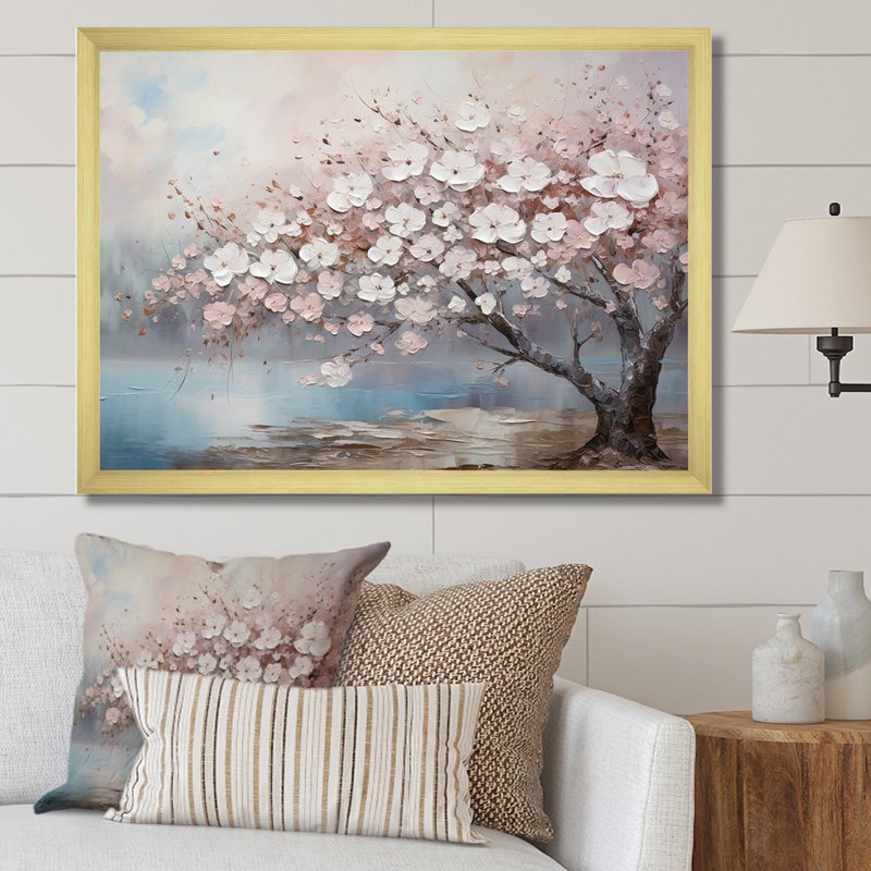«Pink and Grey Cherry Blossom Charm I», art mural encadré de fleurs, H 30 po x l 40 po x P 1,5 po, Cadre doré simple