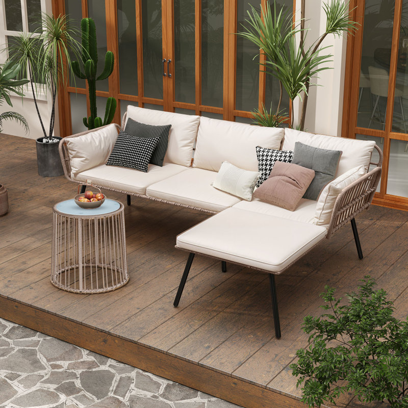 Outdoor Rattan Sofa Set – L-Shaped Sectional with Tempered Glass Coffee Table and Beige Wicker