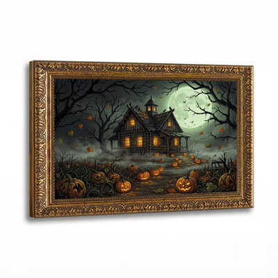 Haunted House With Glowing Pumpkins Under Full Halloween Canvas Wall Art
