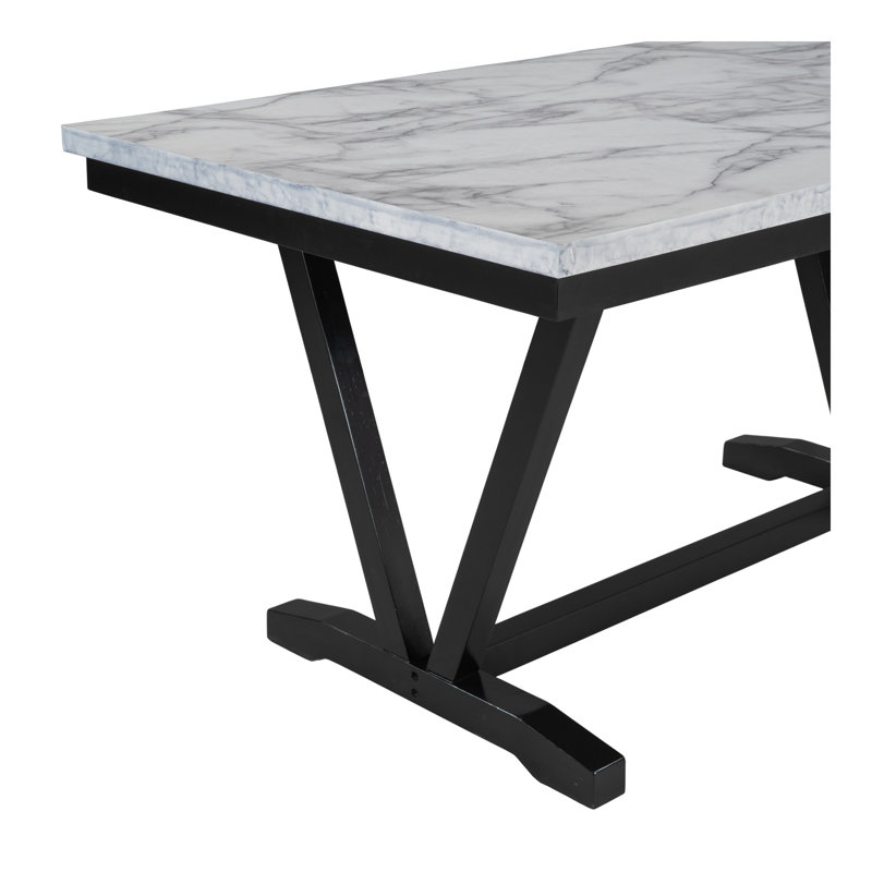 Table de salle à manger de style moderne 6 pièces avec 4 chaises et 1 banc, table avec placages marbrés et pieds en V