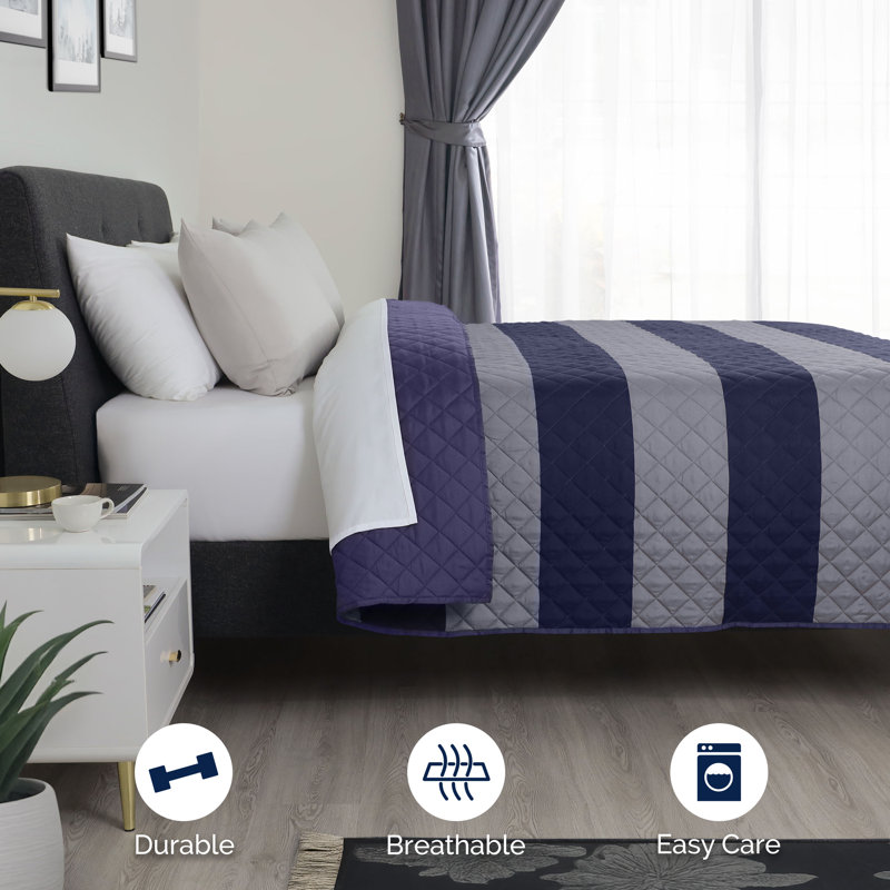 Martex Reversible Coverlet, Queen Coverlet / Bedspread, Graphite/Navy Rugby Stripe