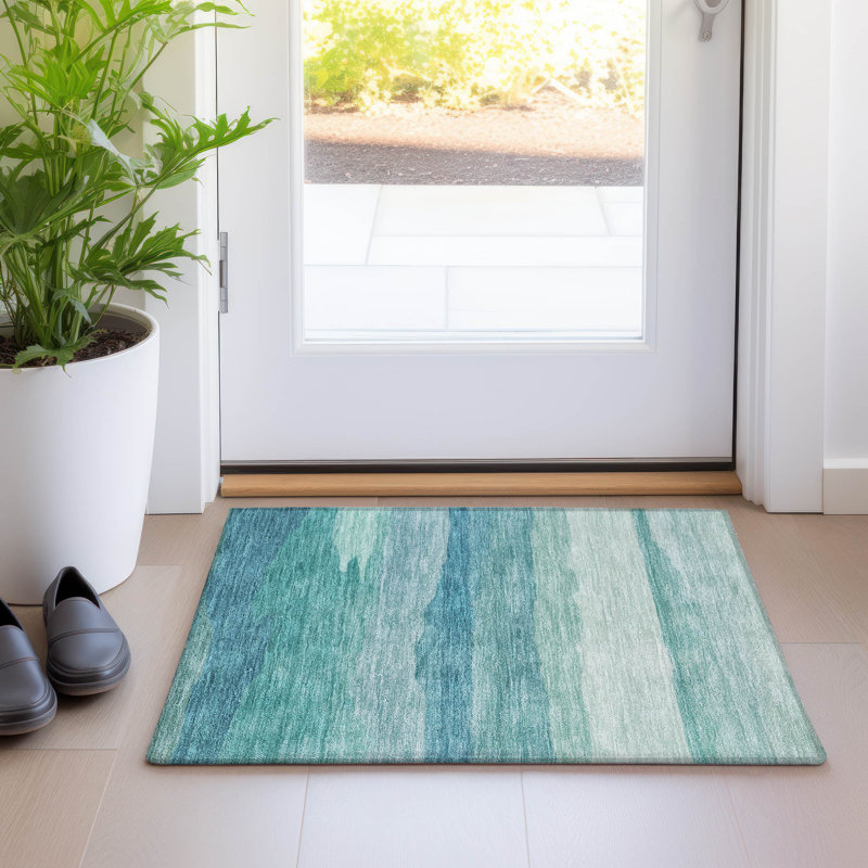 Machine Washable Indoor/Outdoor Christain ACN1254 Turquoise Rug, Rectangle 1'8" x 2'6"