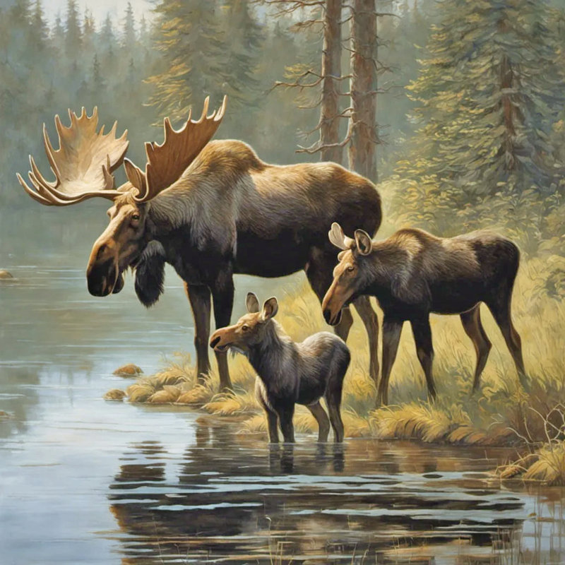 «Moose Family» par Lake, art mural sur toile tendue, H 40 po x l 40 po
