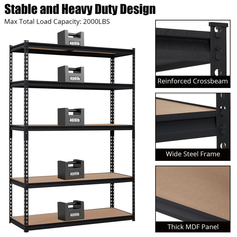 Étagère de garage Étagères de rangement robustes d'une capacité de 2 000 lb, étagère en métal réglable à 5 niveaux: l 48 po x P 24 po x H 72 po, support industriel pour garde-manger