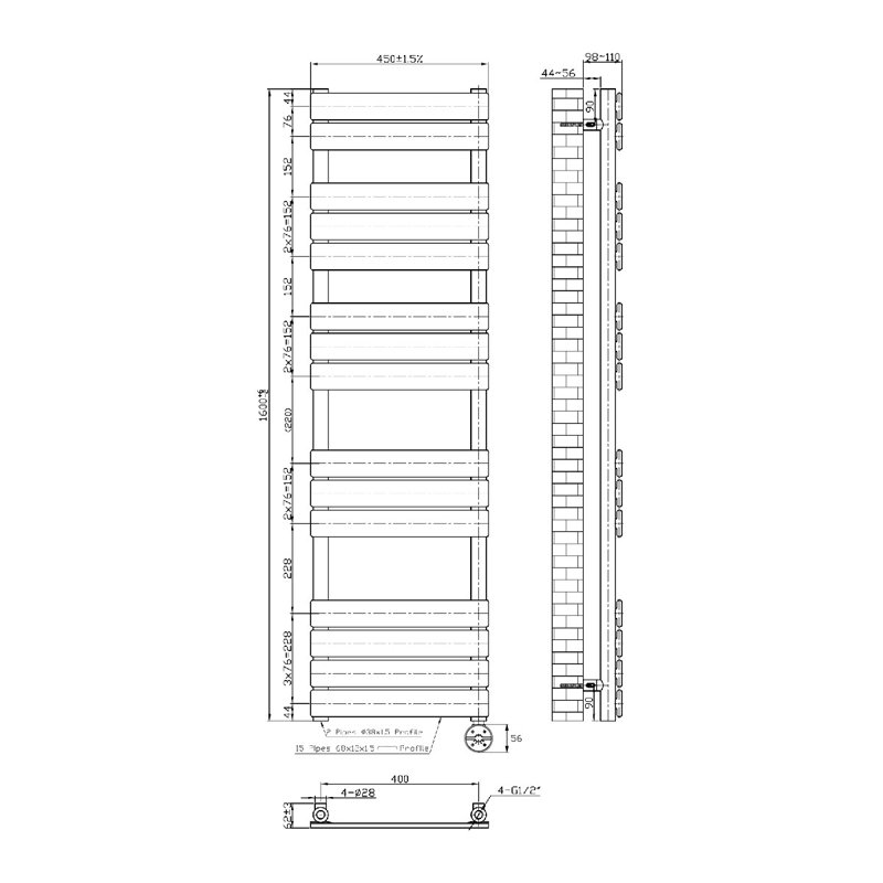 Flat Panel Towel Rail Heated Towel Rails, Black, 160cm H x 45cm W x 6.2cm D