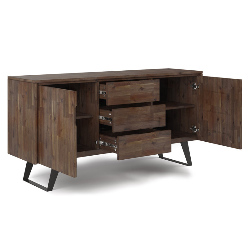 Lowry 60"W Solid Wood Modern Industrial 2-Door Sideboard Buffet with 3 Center Drawers, Rustic Natural Aged Brown