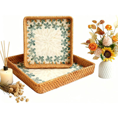 Rattan Serving Tray With Mother Of Pearl Inlay, Decorative Wicker Tray For Coffee, Bread, Fruits, And Table Decor