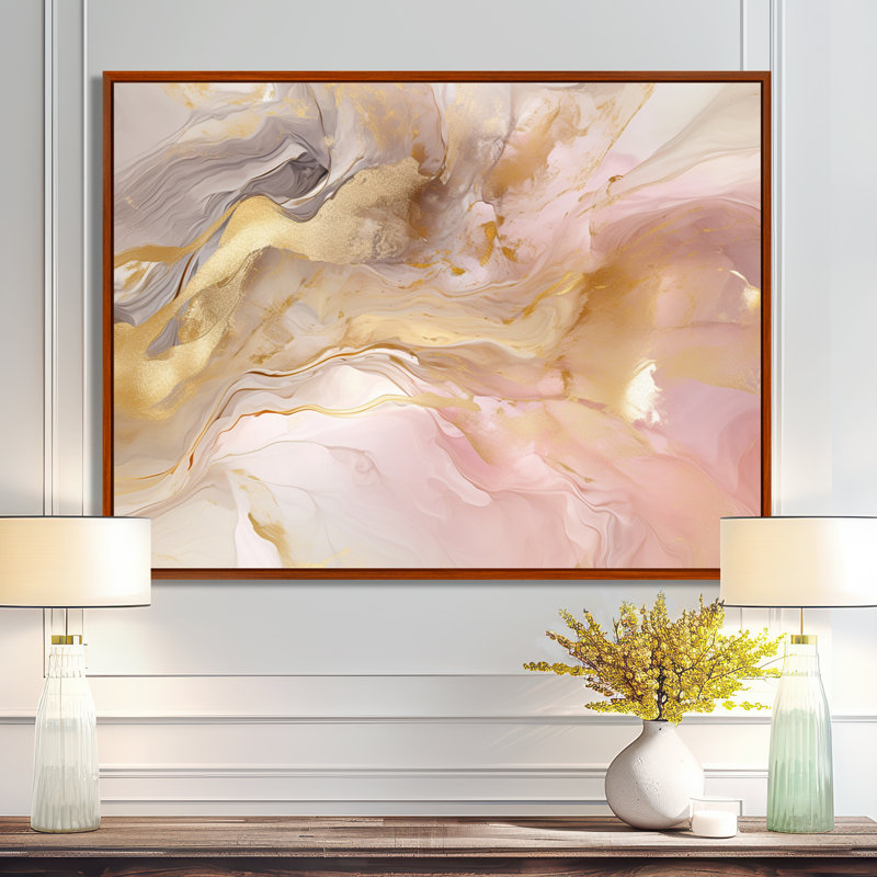 Exquis symphonie abstraite rose et pastel doré I - art abstrait de peinture murale pour le salon, H 16 po x l 32 po x P 1 po