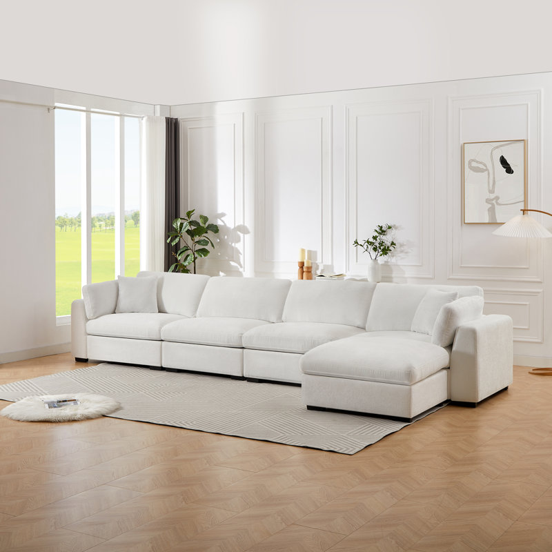 Canapé modulaire avec repose-pieds Aariketh, Polyester blanc, H 36,3 po x l 168,68 po x P 36,6 po