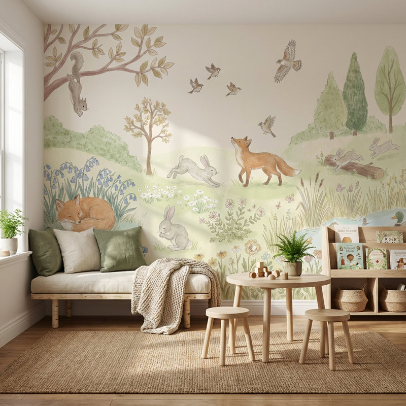 Papier peint animaux renard Shades Of Green, 120" x 96", Peler et coller
