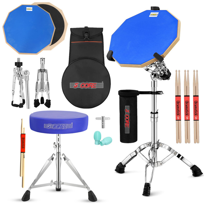 5 Core Drum Throne Adjustable Guitar Stool Padded Seat + Drum Practice Pad Snare Drumming Stand, Blue
