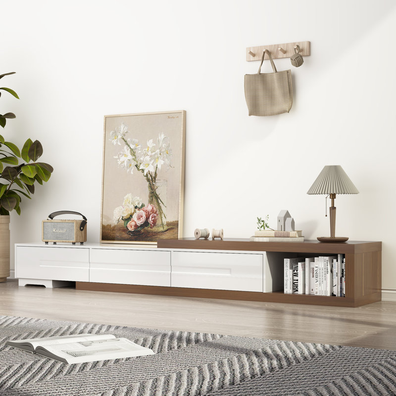 Meuble télé extensible, centre de divertissement réversible en bois avec 3 grands tiroirs, Blanc
