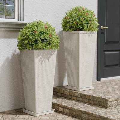 23.6-Inch Tall Square Planter Set Of 2 With Sandblasted Textured Finish, Premium Frosted Striped Plastic Tall Flower Pot For Indoor Outdoor Home Garden Decor