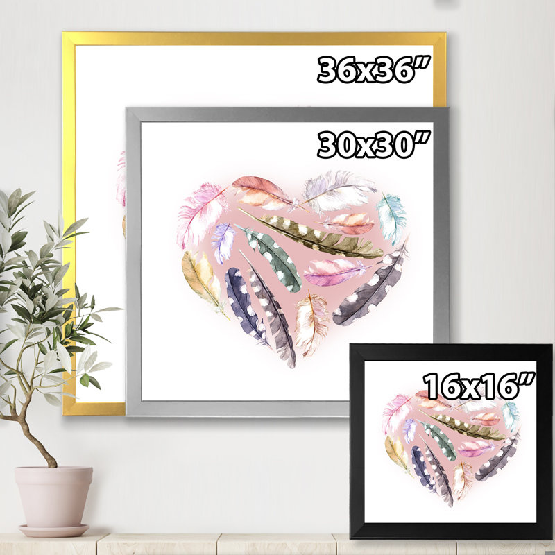 «Ethnic Feather Heart», impression sur toile encadrée, H 30 po x l 30 po x P 1 po, Cadre blanc