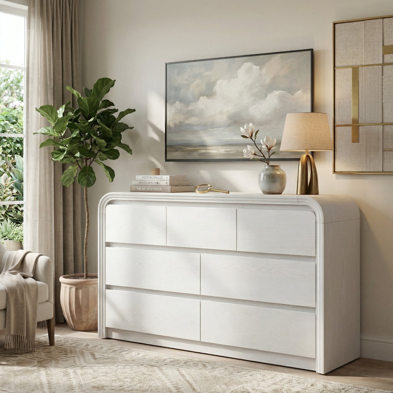 Curved Edge 47.24" Wide White MDF 7-Drawer Dresser with Storage, White